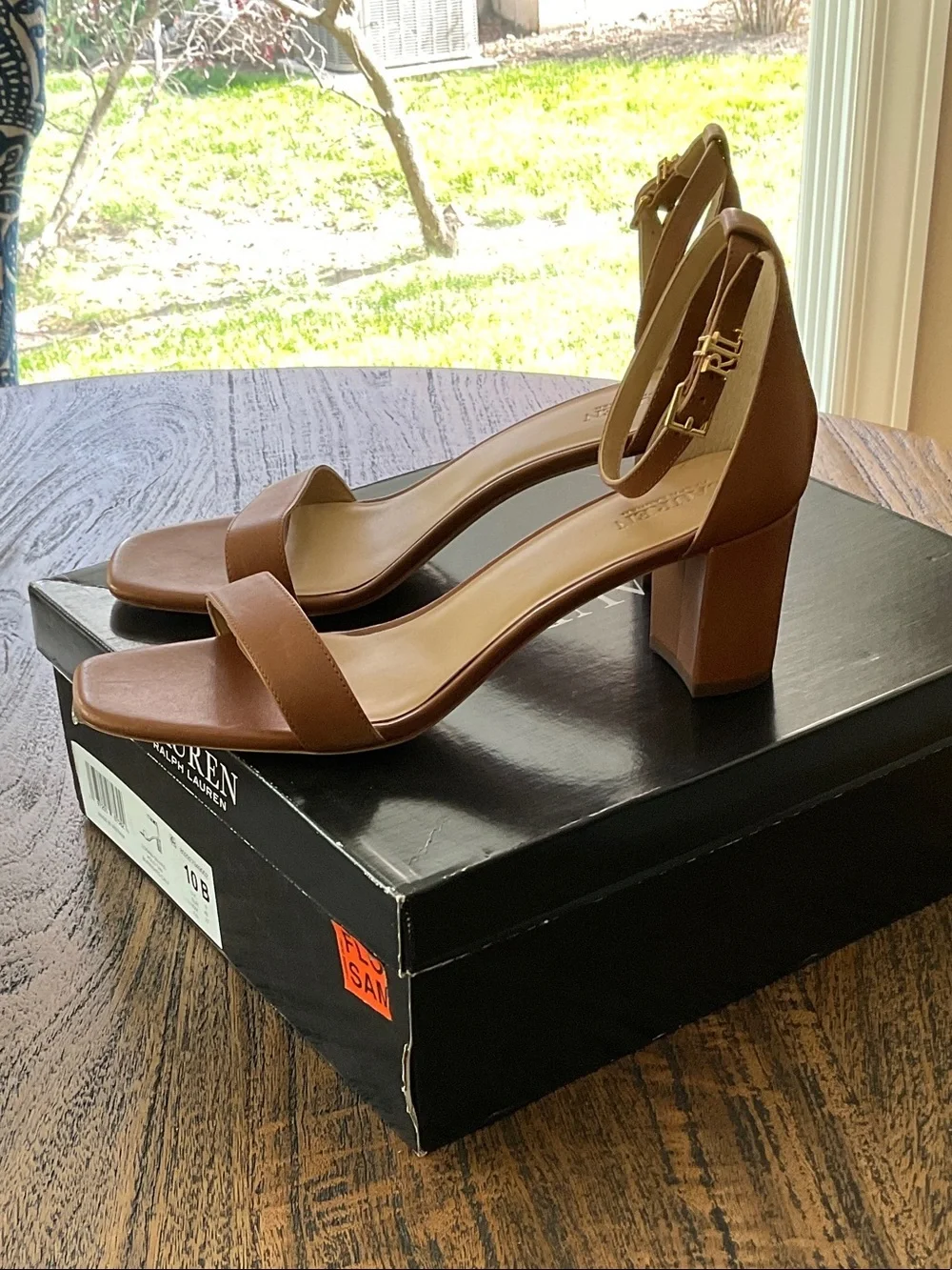 Lauren Ralph Lauren Tan Leather Ankle-Strap Block Heel Sandals